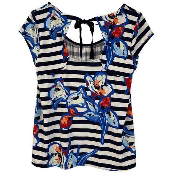 Cynthia Rowley Striped Floral Tie-Back Blouse Top Women’s Size Large Scoop Neck - Picture 2 of 6